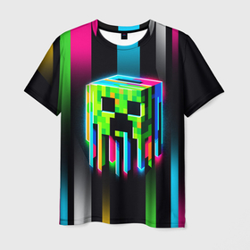 Мужская футболка 3D с принтом Неоновый Крипер   Майнкрафт в Белгороде, 100% полиэфир | прямой крой, круглый вырез горловины, длина до линии бедер | dalle | далли | игра | крипер | майнкрафт | нейросеть | неон | пиксели