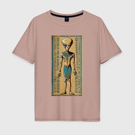 Мужская футболка хлопок Oversize с принтом Пришелец на египетском папирусе в Новосибирске, 100% хлопок | свободный крой, круглый ворот, “спинка” длиннее передней части | 
