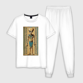Мужская пижама хлопок с принтом Пришелец на египетском папирусе в Тюмени, 100% хлопок | брюки и футболка прямого кроя, без карманов, на брюках мягкая резинка на поясе и по низу штанин
 | Тематика изображения на принте: 