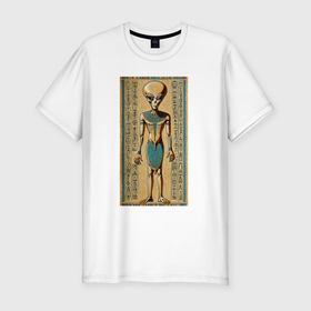 Мужская футболка хлопок Slim с принтом Пришелец на египетском папирусе в Санкт-Петербурге, 92% хлопок, 8% лайкра | приталенный силуэт, круглый вырез ворота, длина до линии бедра, короткий рукав | 