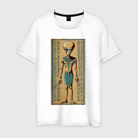 Мужская футболка хлопок с принтом Пришелец на египетском папирусе в Тюмени, 100% хлопок | прямой крой, круглый вырез горловины, длина до линии бедер, слегка спущенное плечо. | 