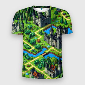 Мужская футболка 3D Slim с принтом Heroes of Might and Magic   pixel map в Белгороде, 100% полиэстер с улучшенными характеристиками | приталенный силуэт, круглая горловина, широкие плечи, сужается к линии бедра | dalle | heroes of might and magic | герои | далли | игра | карта | нейросеть