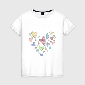 Женская футболка хлопок с принтом Разноцветные сердечки в виде сердца в Екатеринбурге, 100% хлопок | прямой крой, круглый вырез горловины, длина до линии бедер, слегка спущенное плечо | 