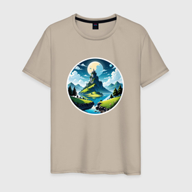 Мужская футболка хлопок с принтом Пейзаж со скалами , 100% хлопок | прямой крой, круглый вырез горловины, длина до линии бедер, слегка спущенное плечо. | 
