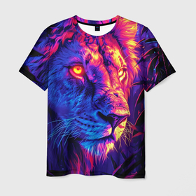 Мужская футболка 3D с принтом Неоновый светящийся лев в Петрозаводске, 100% полиэфир | прямой крой, круглый вырез горловины, длина до линии бедер | 