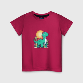 Детская футболка хлопок с принтом Динозаврик и солнце , 100% хлопок | круглый вырез горловины, полуприлегающий силуэт, длина до линии бедер | 