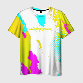Мужская футболка 3D с принтом Cyberpunk 2077 краски , 100% полиэфир | прямой крой, круглый вырез горловины, длина до линии бедер | 