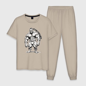 Мужская пижама хлопок с принтом Gym power сила зала , 100% хлопок | брюки и футболка прямого кроя, без карманов, на брюках мягкая резинка на поясе и по низу штанин
 | 