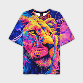 Мужская футболка oversize 3D с принтом Лев светящийся неоновый в Санкт-Петербурге,  |  | 