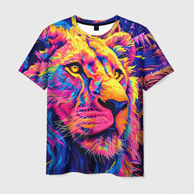 Мужская футболка 3D с принтом Лев светящийся неоновый в Петрозаводске, 100% полиэфир | прямой крой, круглый вырез горловины, длина до линии бедер | 