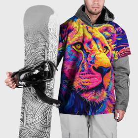 Накидка на куртку 3D с принтом Лев светящийся неоновый в Кировске, 100% полиэстер |  | 