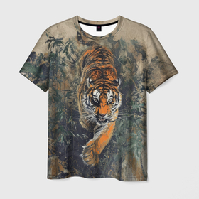 Мужская футболка 3D с принтом Атакующий тигр в Санкт-Петербурге, 100% полиэфир | прямой крой, круглый вырез горловины, длина до линии бедер | 
