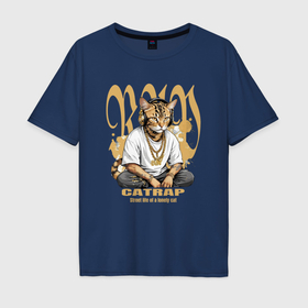 Мужская футболка хлопок Oversize с принтом Бенгальский кот репер в Тюмени, 100% хлопок | свободный крой, круглый ворот, “спинка” длиннее передней части | 