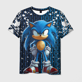 Мужская футболка 3D с принтом Sonic   splash and logo , 100% полиэфир | прямой крой, круглый вырез горловины, длина до линии бедер | 
