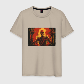 Мужская футболка хлопок с принтом Скелет огонь в Тюмени, 100% хлопок | прямой крой, круглый вырез горловины, длина до линии бедер, слегка спущенное плечо. | 
