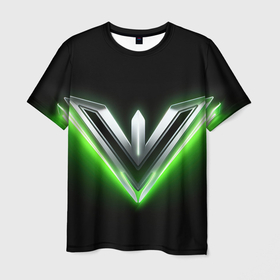 Мужская футболка 3D с принтом Зеленые неоновые лучи на черном в Санкт-Петербурге, 100% полиэфир | прямой крой, круглый вырез горловины, длина до линии бедер | 
