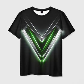 Мужская футболка 3D с принтом Зеленые неоновые лучи    на черном в Санкт-Петербурге, 100% полиэфир | прямой крой, круглый вырез горловины, длина до линии бедер | 