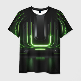Мужская футболка 3D с принтом Металл и зеленый яркий свет в Курске, 100% полиэфир | прямой крой, круглый вырез горловины, длина до линии бедер | 