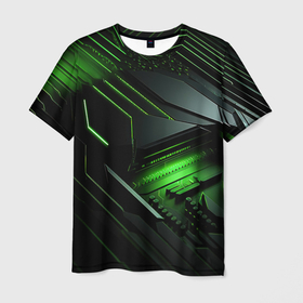 Мужская футболка 3D с принтом Металл и зеленый яркий неоновый свет в Курске, 100% полиэфир | прямой крой, круглый вырез горловины, длина до линии бедер | 