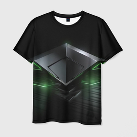 Мужская футболка 3D с принтом Металлический абстракт и зеленый  неон в Новосибирске, 100% полиэфир | прямой крой, круглый вырез горловины, длина до линии бедер | 