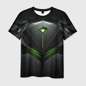 Мужская футболка 3D с принтом Геометрический черный  дизайн с зеленым неоном в Кировске, 100% полиэфир | прямой крой, круглый вырез горловины, длина до линии бедер | 
