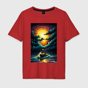 Мужская футболка хлопок Oversize с принтом Корабль в беспокойном море в Екатеринбурге, 100% хлопок | свободный крой, круглый ворот, “спинка” длиннее передней части | Тематика изображения на принте: 
