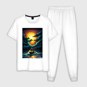 Мужская пижама хлопок с принтом Корабль в беспокойном море в Екатеринбурге, 100% хлопок | брюки и футболка прямого кроя, без карманов, на брюках мягкая резинка на поясе и по низу штанин
 | 