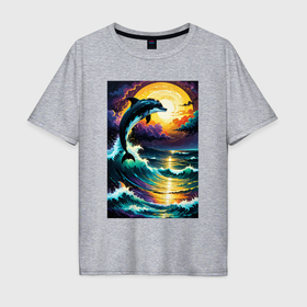 Мужская футболка хлопок Oversize с принтом Дельфин бушующем море в Санкт-Петербурге, 100% хлопок | свободный крой, круглый ворот, “спинка” длиннее передней части | 