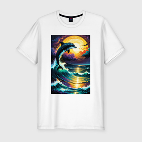 Мужская футболка хлопок Slim с принтом Дельфин бушующем море в Курске, 92% хлопок, 8% лайкра | приталенный силуэт, круглый вырез ворота, длина до линии бедра, короткий рукав | 