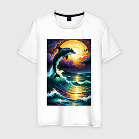 Мужская футболка хлопок с принтом Дельфин бушующем море в Санкт-Петербурге, 100% хлопок | прямой крой, круглый вырез горловины, длина до линии бедер, слегка спущенное плечо. | 