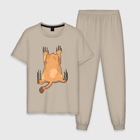 Мужская пижама хлопок с принтом Скользящий рыжий кот в Петрозаводске, 100% хлопок | брюки и футболка прямого кроя, без карманов, на брюках мягкая резинка на поясе и по низу штанин
 | Тематика изображения на принте: 