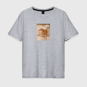 Мужская футболка хлопок Oversize с принтом Котёнок с куриной ножкой , 100% хлопок | свободный крой, круглый ворот, “спинка” длиннее передней части | 