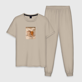 Мужская пижама хлопок с принтом Котёнок с куриной ножкой , 100% хлопок | брюки и футболка прямого кроя, без карманов, на брюках мягкая резинка на поясе и по низу штанин
 | 