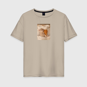 Женская футболка хлопок Oversize с принтом Котёнок с куриной ножкой , 100% хлопок | свободный крой, круглый ворот, спущенный рукав, длина до линии бедер
 | 