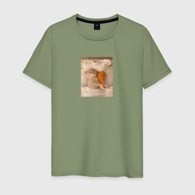 Мужская футболка хлопок с принтом Котёнок с куриной ножкой , 100% хлопок | прямой крой, круглый вырез горловины, длина до линии бедер, слегка спущенное плечо. | 