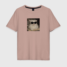 Мужская футболка хлопок Oversize с принтом Кот мем в крутых очках в Новосибирске, 100% хлопок | свободный крой, круглый ворот, “спинка” длиннее передней части | 