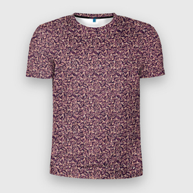 Мужская футболка 3D Slim с принтом Тёмный розовый паттерн листочки в Петрозаводске, 100% полиэстер с улучшенными характеристиками | приталенный силуэт, круглая горловина, широкие плечи, сужается к линии бедра | 