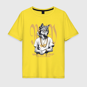 Мужская футболка хлопок Oversize с принтом Волк репер в золотых наушниках в Кировске, 100% хлопок | свободный крой, круглый ворот, “спинка” длиннее передней части | 