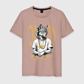 Мужская футболка хлопок с принтом Волк репер в золотых наушниках в Белгороде, 100% хлопок | прямой крой, круглый вырез горловины, длина до линии бедер, слегка спущенное плечо. | 