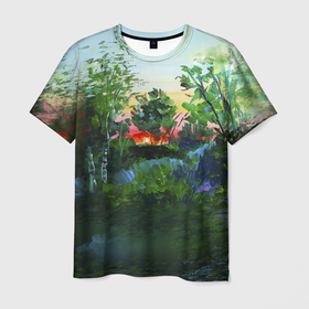 Мужская футболка 3D с принтом Закат и природа в Курске, 100% полиэфир | прямой крой, круглый вырез горловины, длина до линии бедер | 