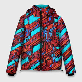 Мужская зимняя куртка 3D с принтом Красные фрагменты на голубом фоне в Тюмени, верх — 100% полиэстер; подкладка — 100% полиэстер; утеплитель — 100% полиэстер | длина ниже бедра, свободный силуэт Оверсайз. Есть воротник-стойка, отстегивающийся капюшон и ветрозащитная планка. 

Боковые карманы с листочкой на кнопках и внутренний карман на молнии. | 