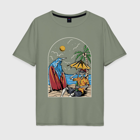 Мужская футболка хлопок Oversize с принтом Скелет на отдыхе под пальмой в Кировске, 100% хлопок | свободный крой, круглый ворот, “спинка” длиннее передней части | 