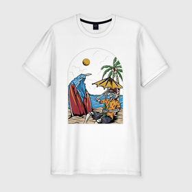 Мужская футболка хлопок Slim с принтом Скелет на отдыхе под пальмой в Курске, 92% хлопок, 8% лайкра | приталенный силуэт, круглый вырез ворота, длина до линии бедра, короткий рукав | 