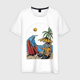Мужская футболка хлопок с принтом Скелет на отдыхе под пальмой в Тюмени, 100% хлопок | прямой крой, круглый вырез горловины, длина до линии бедер, слегка спущенное плечо. | 