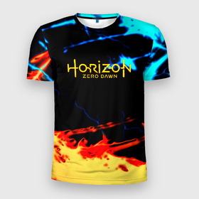Мужская футболка 3D Slim с принтом Horizon zero dawn огонь и лёд , 100% полиэстер с улучшенными характеристиками | приталенный силуэт, круглая горловина, широкие плечи, сужается к линии бедра | 