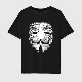 Мужская футболка хлопок Oversize с принтом Анонимус иллюзия горная в Новосибирске, 100% хлопок | свободный крой, круглый ворот, “спинка” длиннее передней части | 