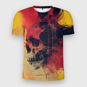 Мужская футболка 3D Slim с принтом Череп в красном дыму в Курске, 100% полиэстер с улучшенными характеристиками | приталенный силуэт, круглая горловина, широкие плечи, сужается к линии бедра | Тематика изображения на принте: 