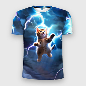 Мужская футболка 3D Slim с принтом Гром кот и молния в Екатеринбурге, 100% полиэстер с улучшенными характеристиками | приталенный силуэт, круглая горловина, широкие плечи, сужается к линии бедра | 