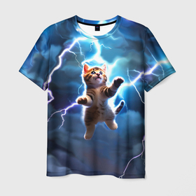 Мужская футболка 3D с принтом Гром кот и молния , 100% полиэфир | прямой крой, круглый вырез горловины, длина до линии бедер | 