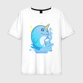 Мужская футболка хлопок Oversize с принтом Дельфин единорог в Санкт-Петербурге, 100% хлопок | свободный крой, круглый ворот, “спинка” длиннее передней части | Тематика изображения на принте: 